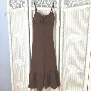 No Boundaries Brown Smocked Bust Midi Dress XS Flounce Hem Cottage Milkmaid